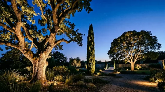 Tres árboles centenarios iluminados desde abajo con proyectores LED creando un efecto escénico dramático en jardín nocturno
