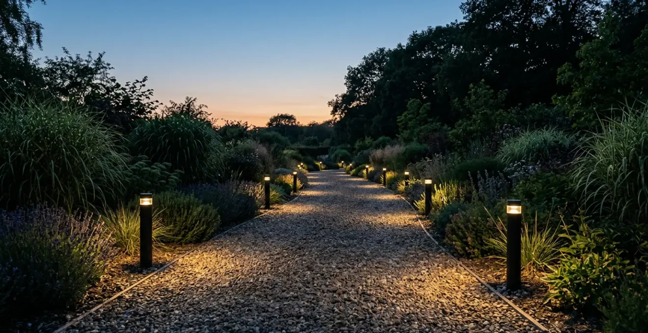 Balizas solares LED iluminando sendero de grava en jardín al anochecer