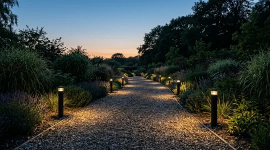 Balizas solares LED iluminando sendero de grava en jardín al anochecer