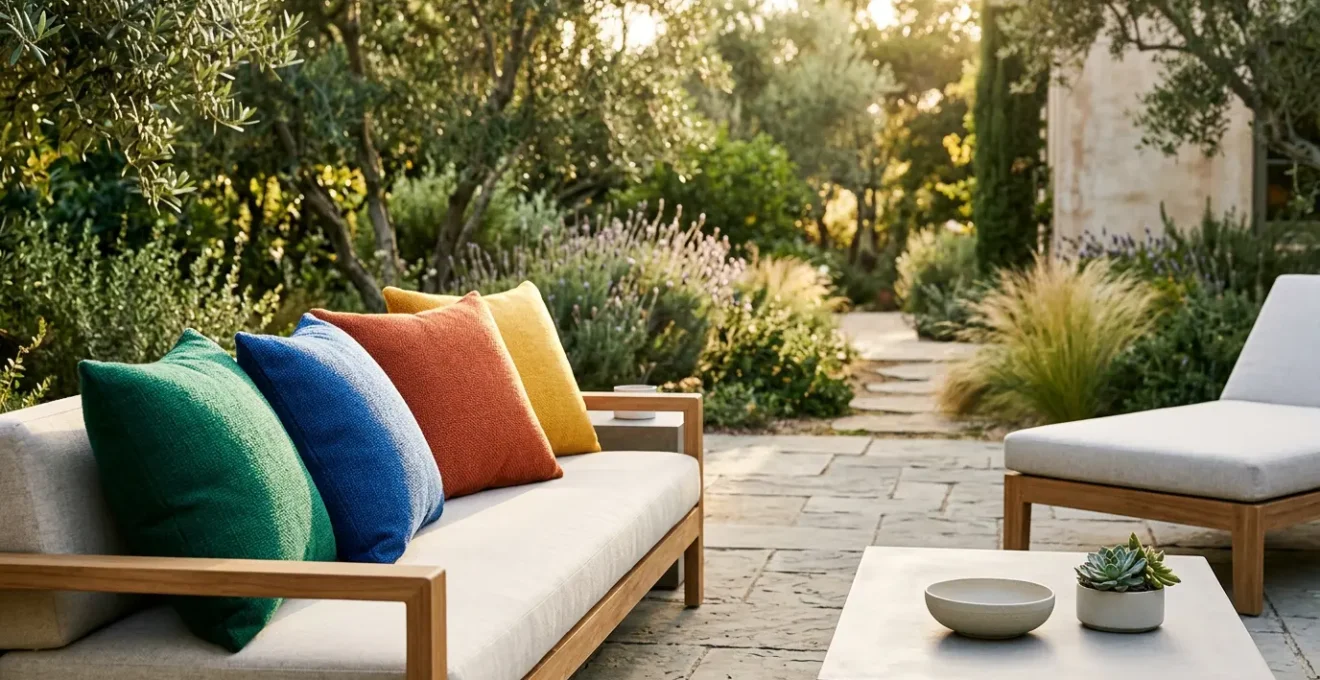 Cojines decorativos de exterior en tejido acrílico resistente a los rayos UV sobre mobiliario de jardín moderno