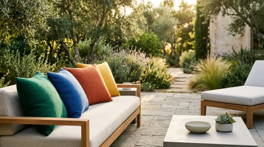 Cojines decorativos de exterior en tejido acrílico resistente a los rayos UV sobre mobiliario de jardín moderno