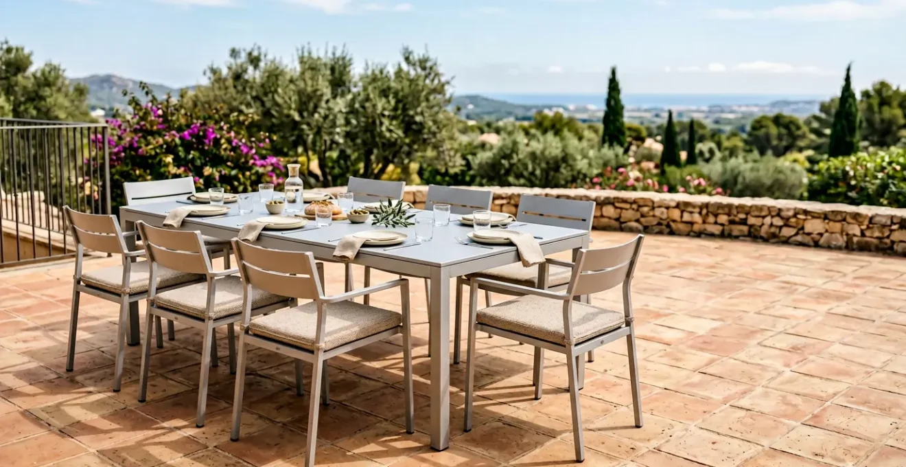 Conjunto completo de mobiliario de jardín para 8 personas con mesa y sillas de aluminio resistente bajo luz natural intensa