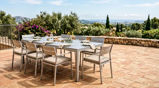 Conjunto completo de mobiliario de jardín para 8 personas con mesa y sillas de aluminio resistente bajo luz natural intensa