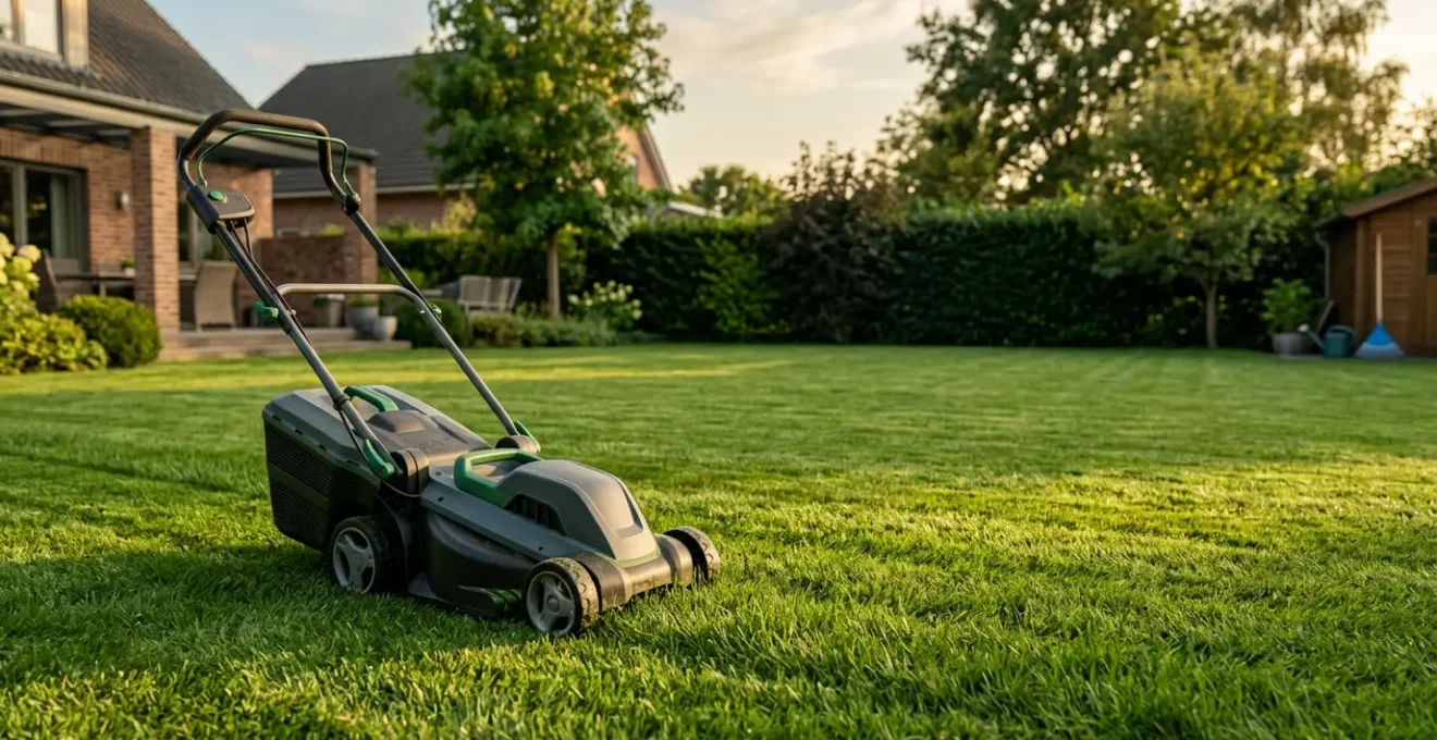 Cortacésped a batería moderno con motor brushless en jardín de tamaño medio, sin cables