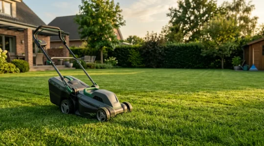 Cortacésped a batería moderno con motor brushless en jardín de tamaño medio, sin cables