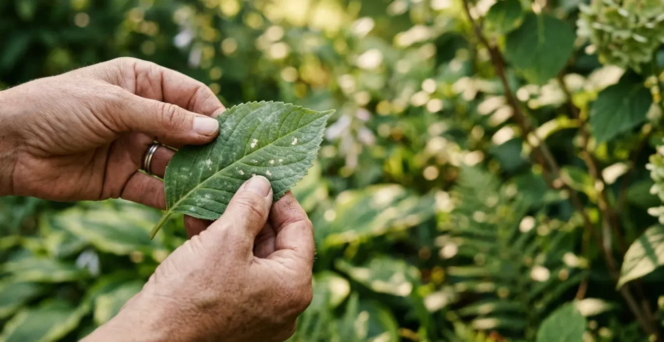 Jardinero examinando de cerca hojas de plantas con manchas fúngicas en un jardín natural bajo luz suave