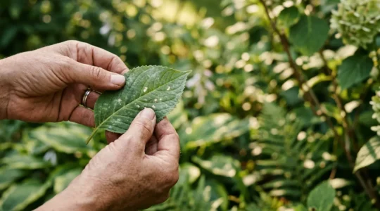 Jardinero examinando de cerca hojas de plantas con manchas fúngicas en un jardín natural bajo luz suave