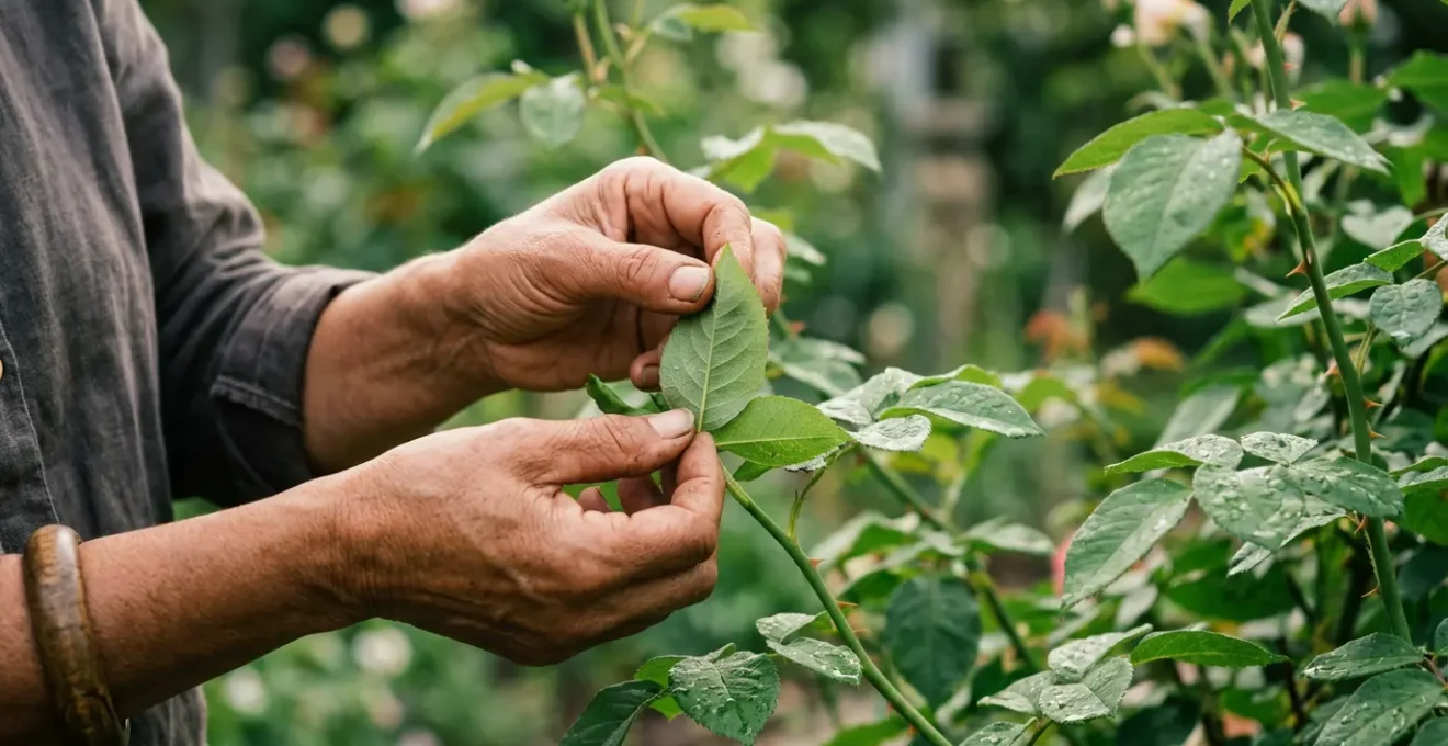 Primer plano de manos de jardinero inspeccionando hojas de rosal en busca de pulgones y plagas, luz natural suave