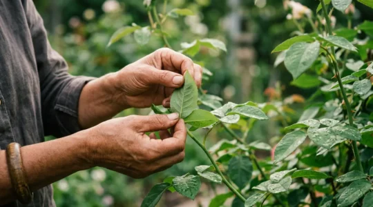 Primer plano de manos de jardinero inspeccionando hojas de rosal en busca de pulgones y plagas, luz natural suave