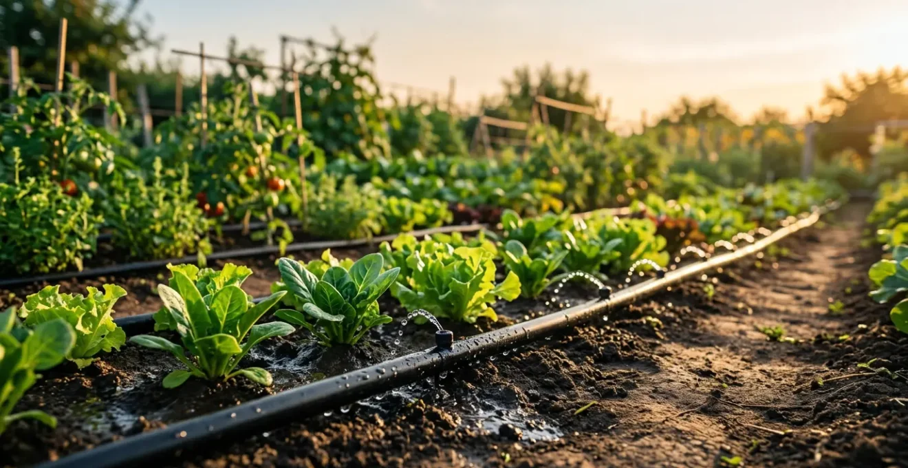 Sistema de riego por goteo instalado en jardín con goteros distribuyendo agua de forma eficiente