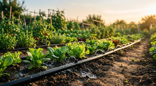 Sistema de riego por goteo instalado en jardín con goteros distribuyendo agua de forma eficiente