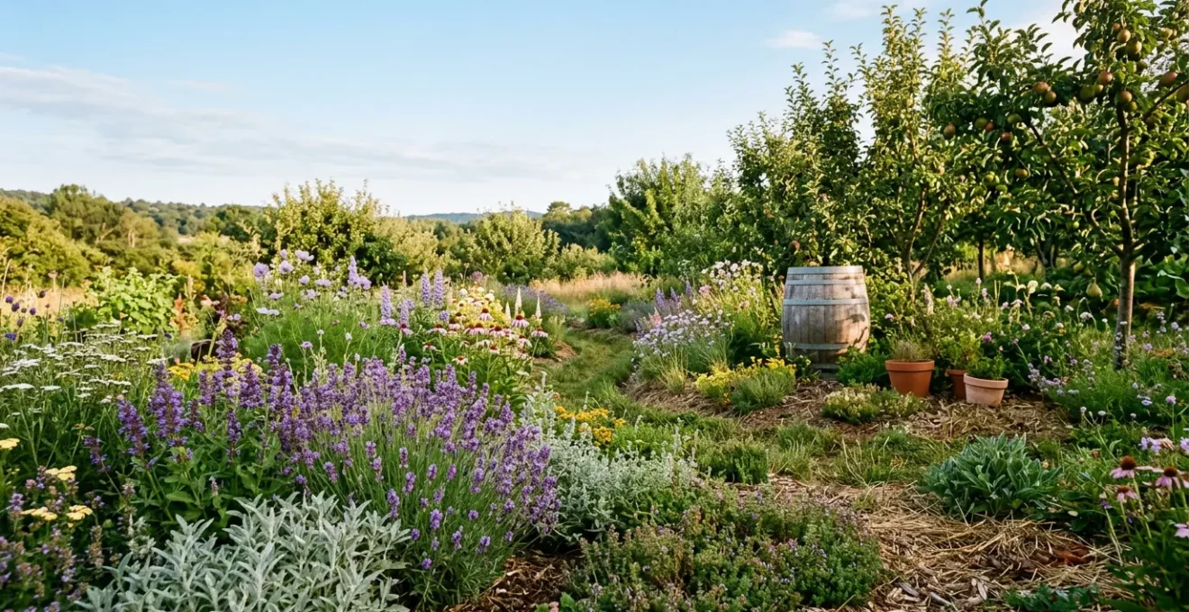 Jardín ecológico autosuficiente con plantas nativas, sistema de captación de agua y biodiversidad de insectos beneficiosos