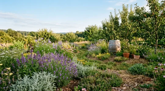 Jardín ecológico autosuficiente con plantas nativas, sistema de captación de agua y biodiversidad de insectos beneficiosos