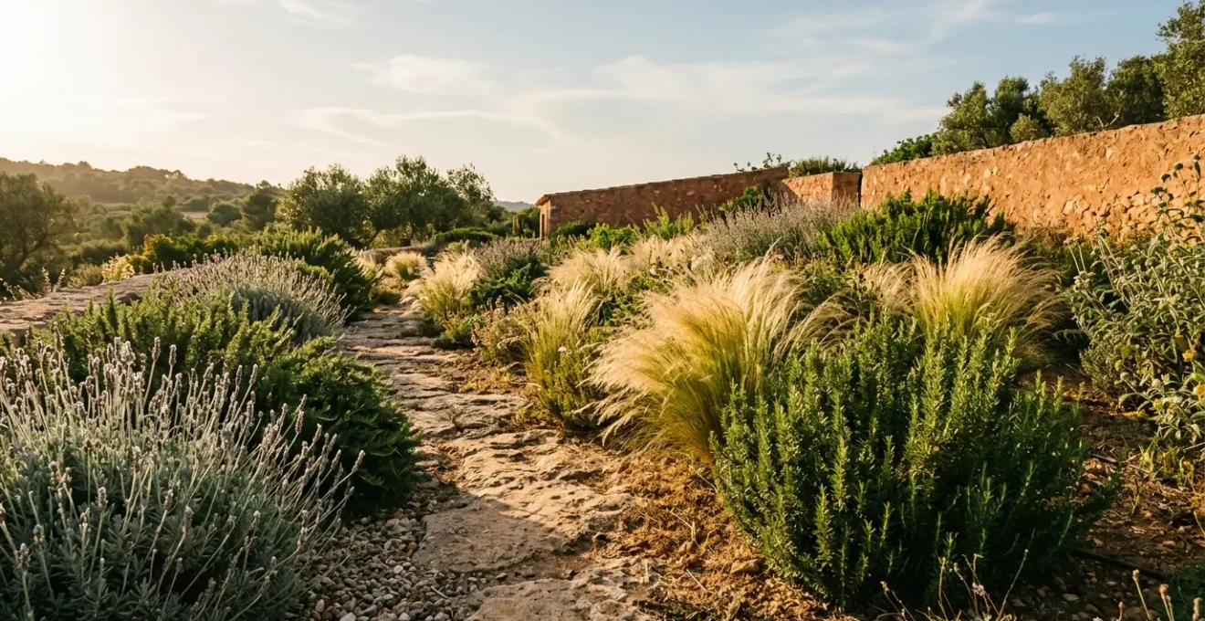 Jardín mediterráneo con plantas nativas resistentes a la sequía bajo el sol de verano