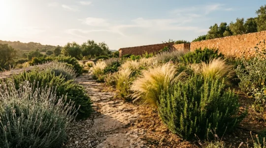 Jardín mediterráneo con plantas nativas resistentes a la sequía bajo el sol de verano