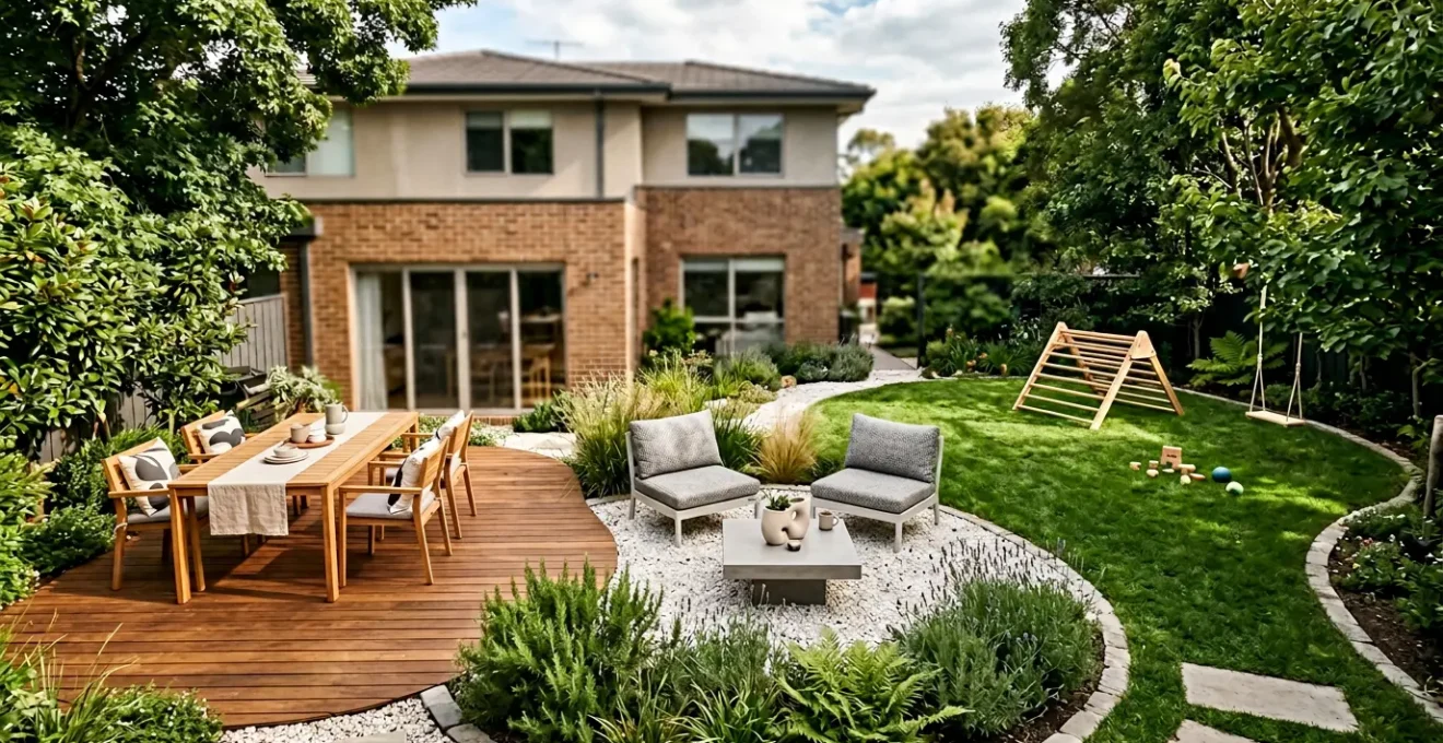Jardín moderno con zonas de comedor y relax delimitadas visualmente mediante cambios de pavimento y elementos naturales sin muros divisorios