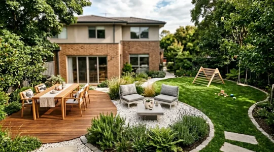 Jardín moderno con zonas de comedor y relax delimitadas visualmente mediante cambios de pavimento y elementos naturales sin muros divisorios