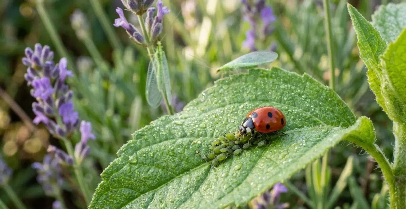 Mariquita roja depredando pulgones sobre hoja verde con crisopa en jardín biodiverso