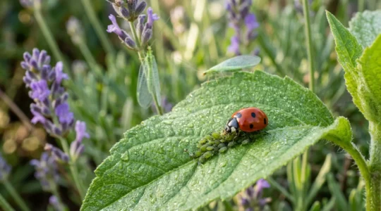 Mariquita roja depredando pulgones sobre hoja verde con crisopa en jardín biodiverso