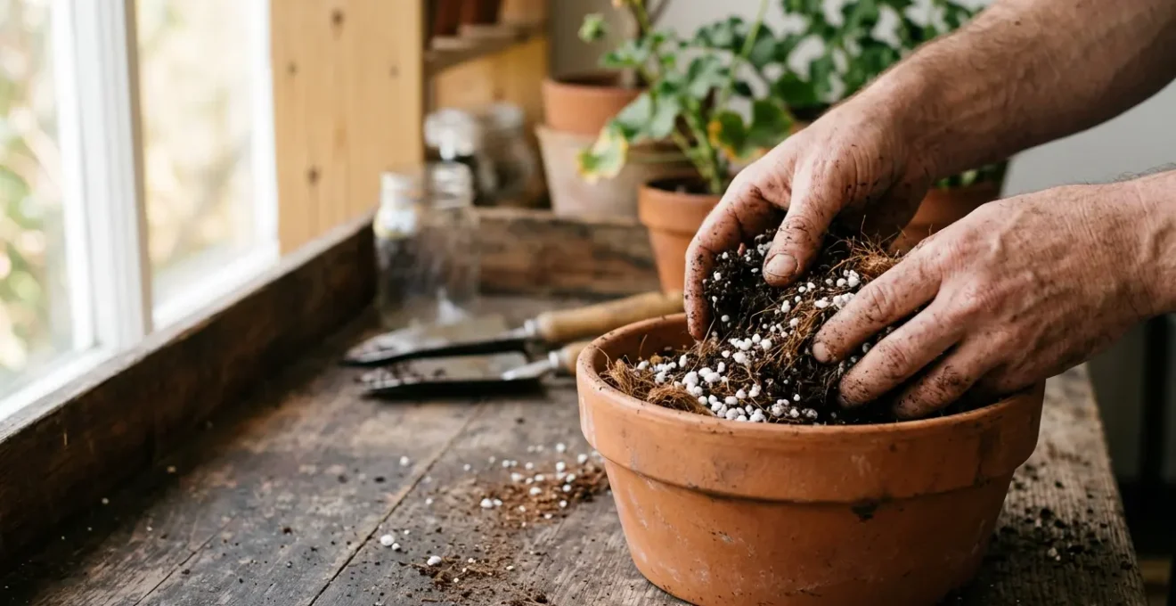 Manos mezclando sustrato de fibra de coco, perlita y compost en maceta de terracota sobre mesa de madera