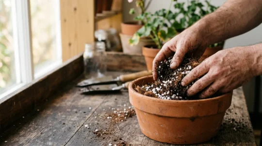 Manos mezclando sustrato de fibra de coco, perlita y compost en maceta de terracota sobre mesa de madera
