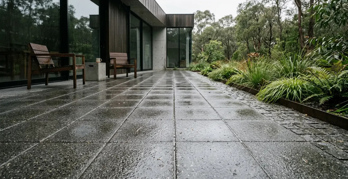 Terraza moderna con pavimento permeable que drena agua de lluvia evitando encharcamientos