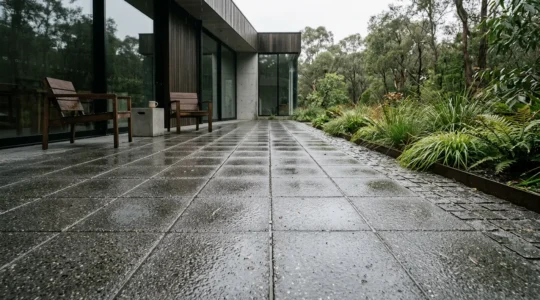 Terraza moderna con pavimento permeable que drena agua de lluvia evitando encharcamientos