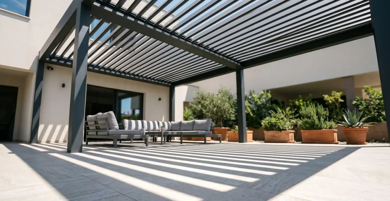 Pérgola bioclimática con lamas orientables en terraza soleada protegiendo del calor del verano
