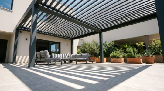Pérgola bioclimática con lamas orientables en terraza soleada protegiendo del calor del verano
