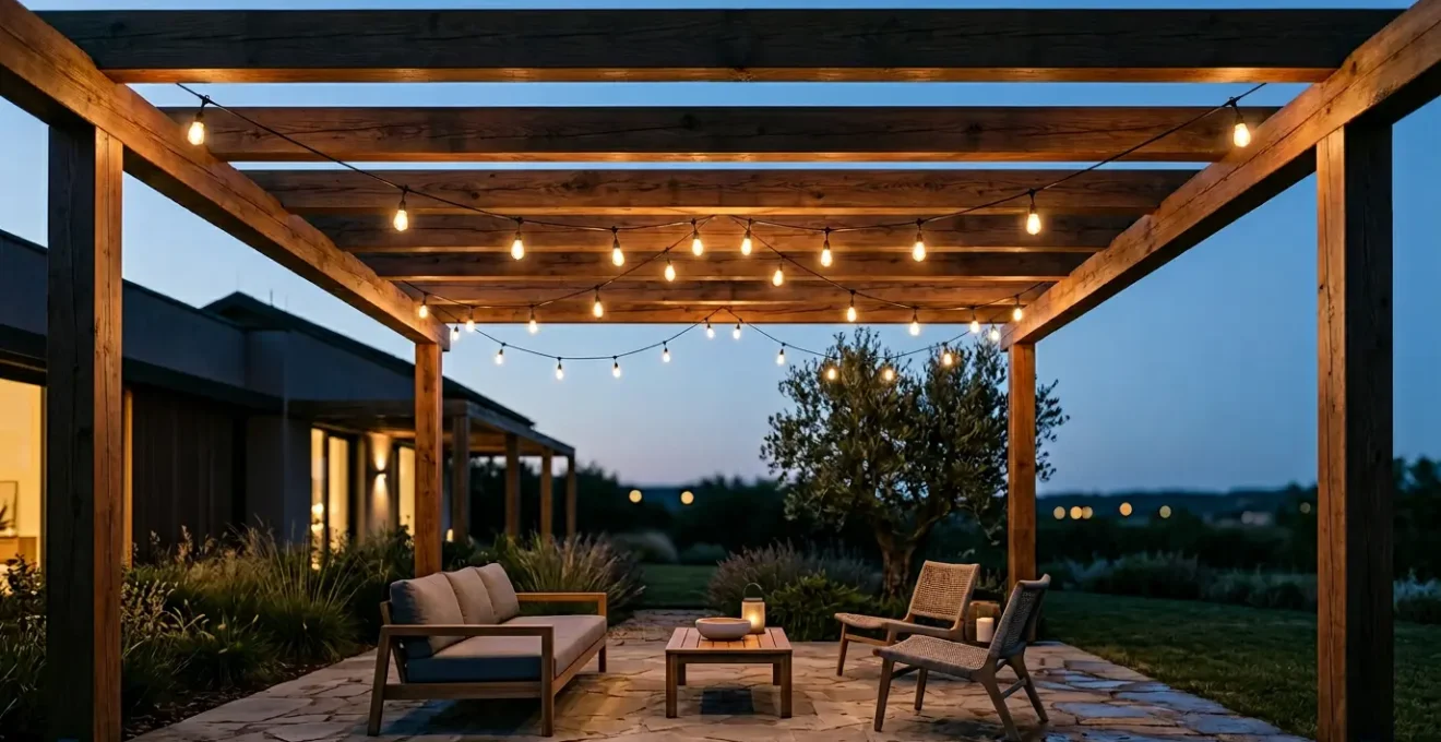 Pérgola moderna de 20 metros cuadrados iluminada con guirnaldas de luz cálida suspendidas en curvas naturales, creando ambiente acogedor sin saturación visual