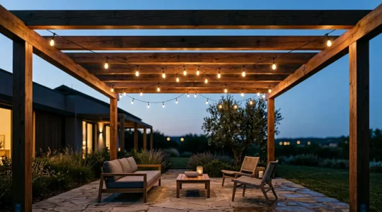 Pérgola moderna de 20 metros cuadrados iluminada con guirnaldas de luz cálida suspendidas en curvas naturales, creando ambiente acogedor sin saturación visual