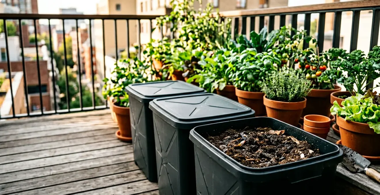 Contenedores de compostaje en balcón urbano produciendo sustrato natural para macetas