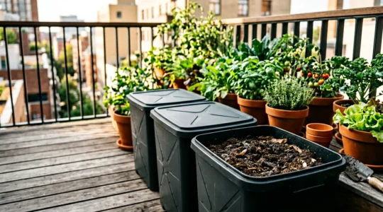 Contenedores de compostaje en balcón urbano produciendo sustrato natural para macetas