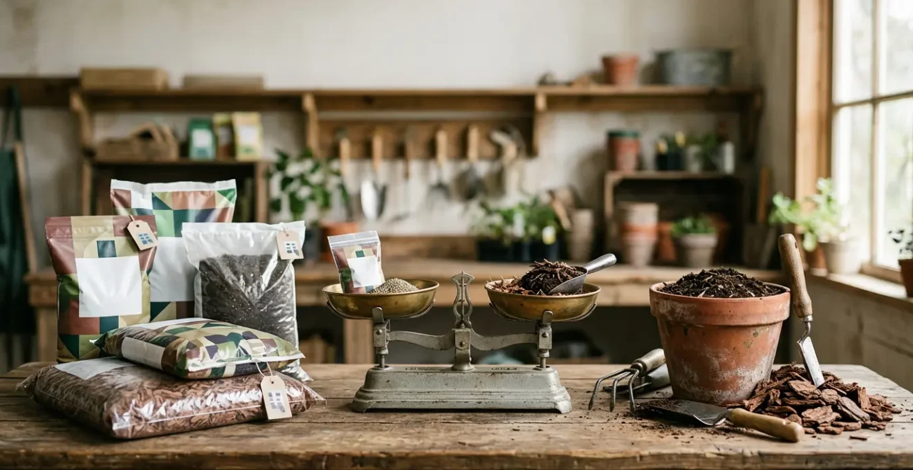 Comparación visual de ahorro en productos de jardinería mostrando compost casero y herramientas reutilizables