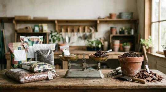 Comparación visual de ahorro en productos de jardinería mostrando compost casero y herramientas reutilizables