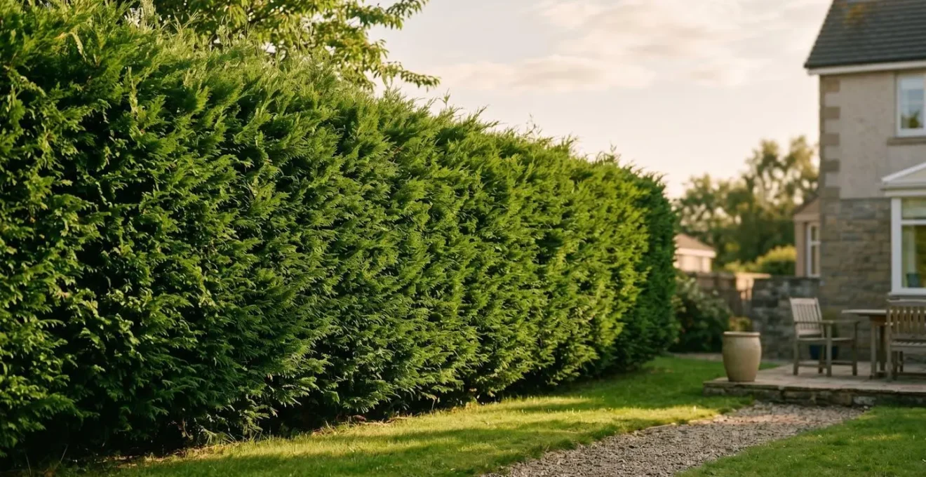 Seto denso de ciprés proporcionando privacidad natural en jardín residencial con luz natural filtrada