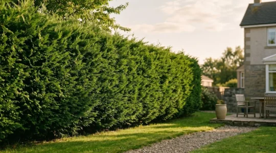 Seto denso de ciprés proporcionando privacidad natural en jardín residencial con luz natural filtrada