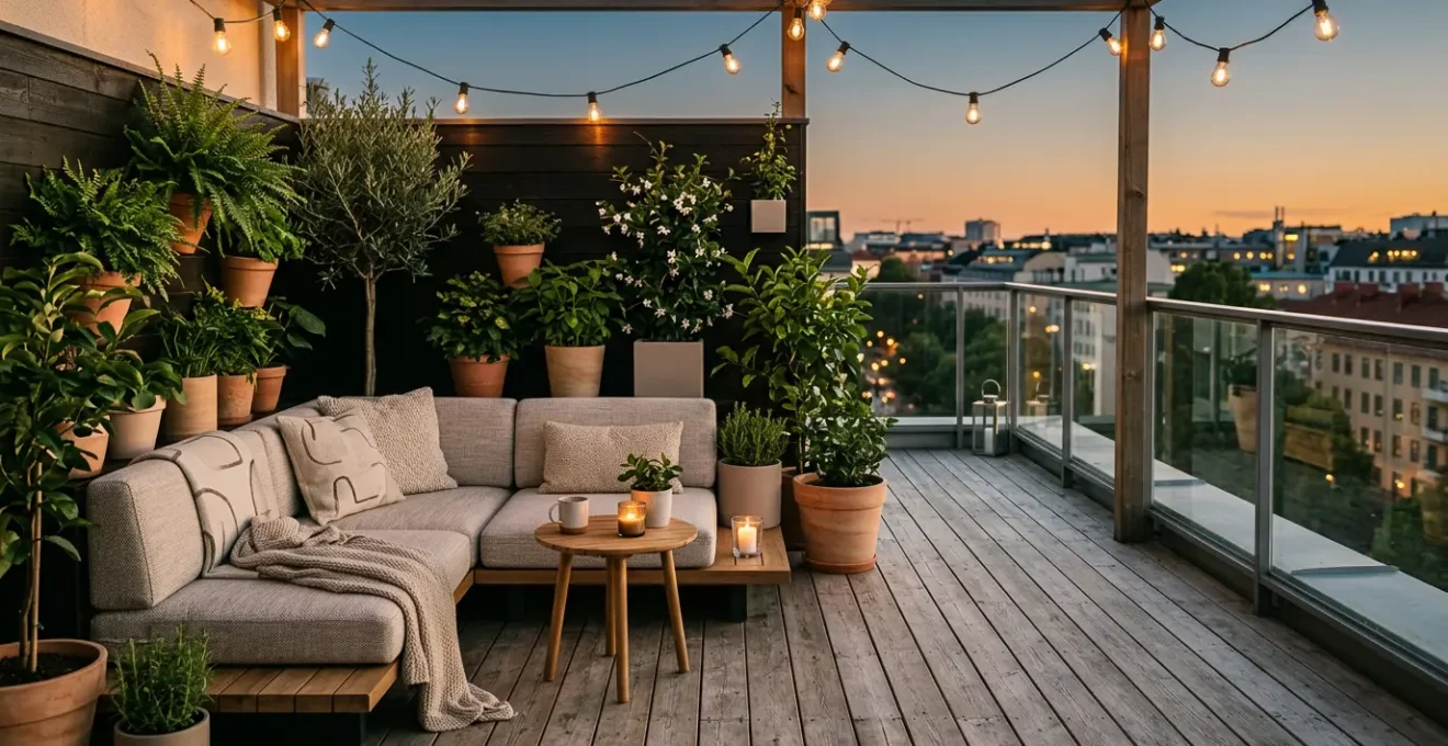 Terraza moderna de 15 metros cuadrados transformada en salón exterior con mobiliario funcional, iluminación ambiental y decoración