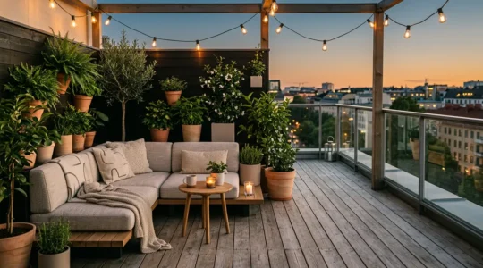 Terraza moderna de 15 metros cuadrados transformada en salón exterior con mobiliario funcional, iluminación ambiental y decoración