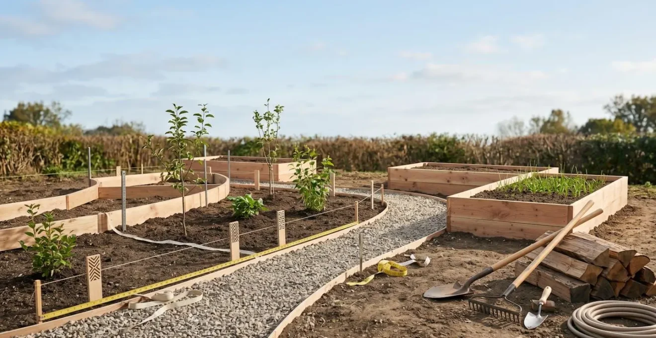 Espacio exterior vacio transformandose en jardin funcional con zonas delimitadas