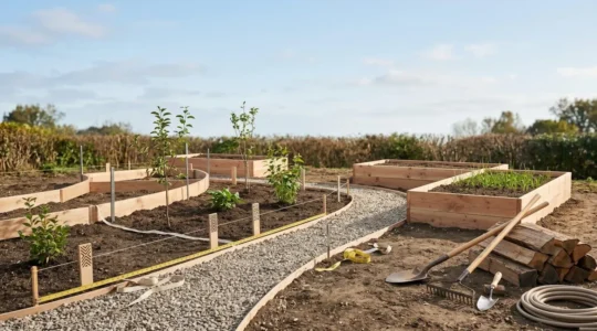 Espacio exterior vacio transformandose en jardin funcional con zonas delimitadas