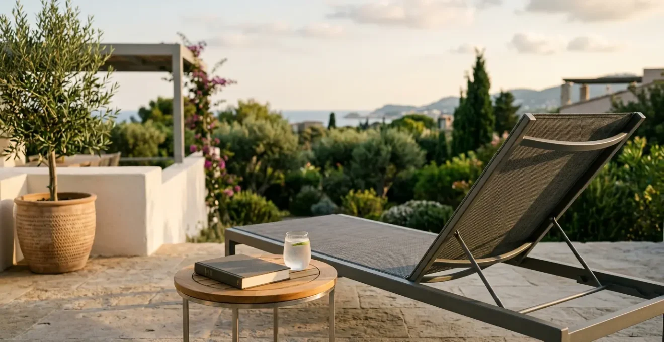 Tumbona reclinable ergonómica en jardín soleado con libro y bebida, diseño moderno para máximo confort lumbar