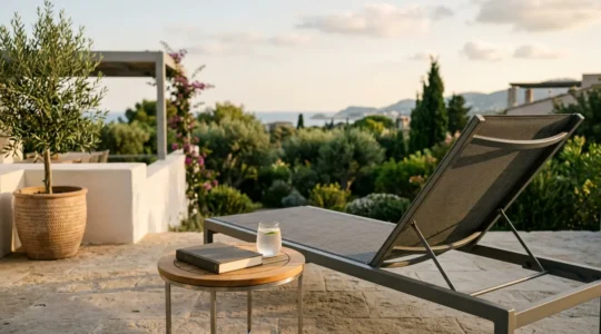 Tumbona reclinable ergonómica en jardín soleado con libro y bebida, diseño moderno para máximo confort lumbar
