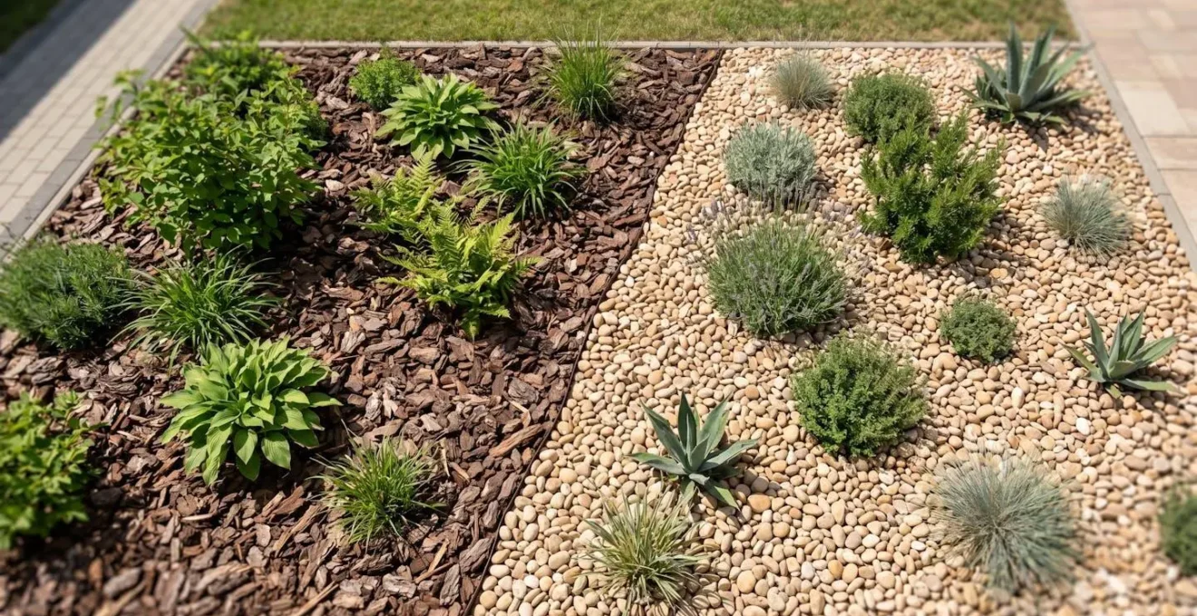 Comparación visual entre acolchado de corteza orgánica y grava en jardín sostenible