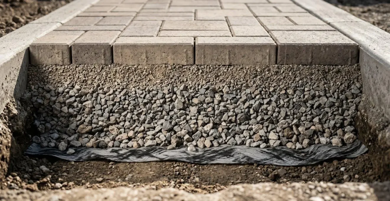 Vista detallada de la estructura en capas de un sistema de adoquines permeables con base drenante