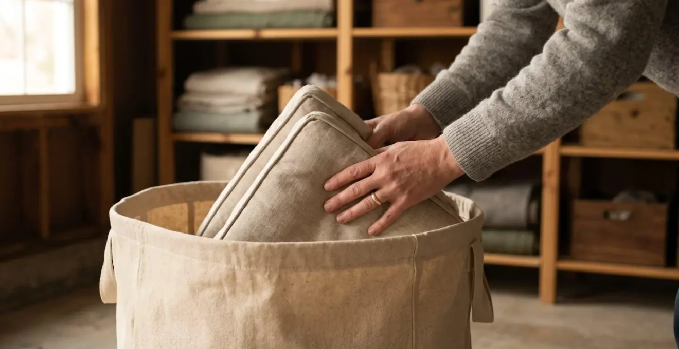 Cojines de exterior limpios y secos guardados en bolsas de tela transpirables en un espacio de almacenamiento organizado