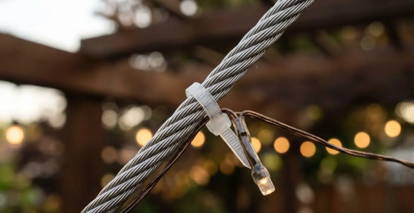 Detalle macro de cable guía de acero con guirnalda de luces sujeta mediante bridas, mostrando la técnica profesional de suspensión con curva catenaria natural