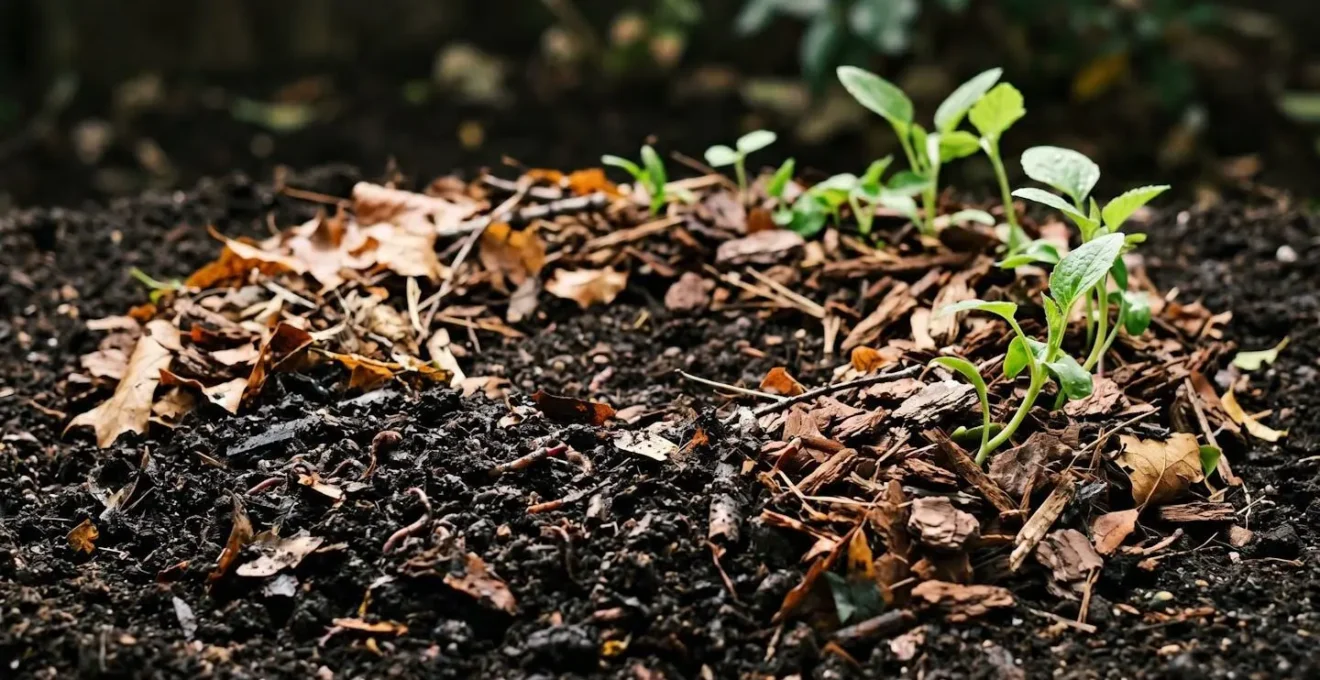 Representación simbólica del ciclo cerrado de un jardín autosuficiente con mulch y compost