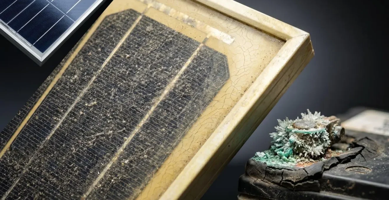 Deterioro visual de componentes de baliza solar económica tras primera temporada