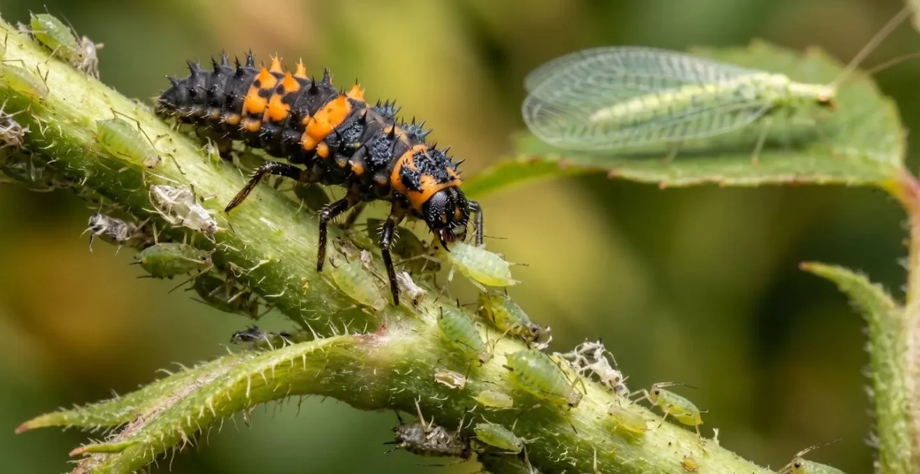 Larva de mariquita devorando colonia de pulgones sobre tallo verde con crisopa adulta en segundo plano